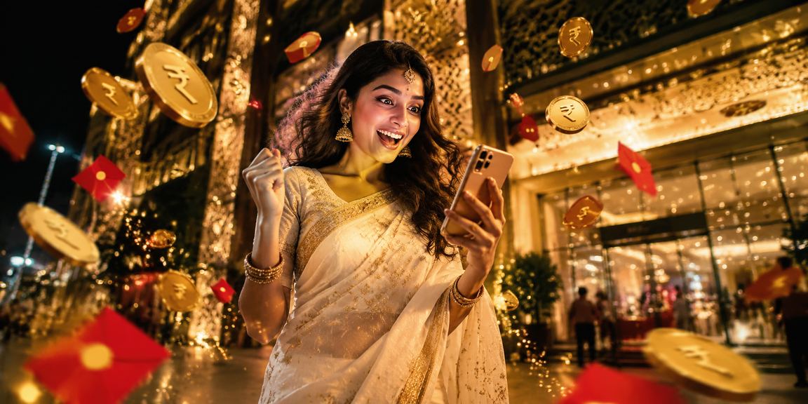 Delhi street scene with mobile payment users and festive vibes